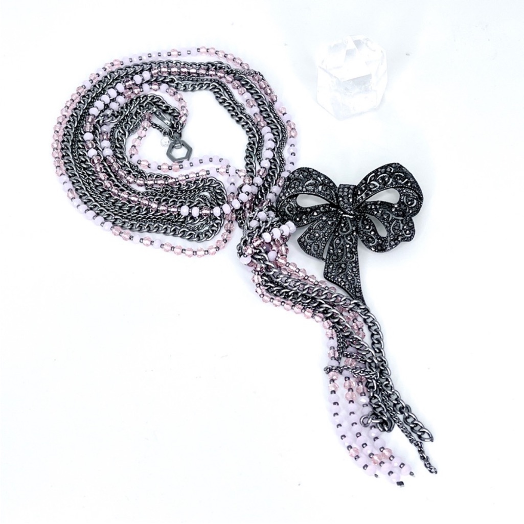 Vera Wang SilverPink Beaded Multi Strand Knotted Necklace WTassel Bow Brooch 24$